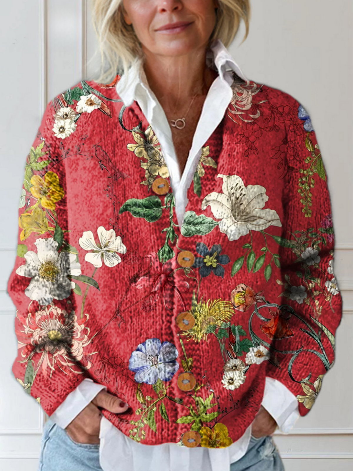 Shey | Women's Vintage Floral Art Print Buttoned Cardigan Sweater