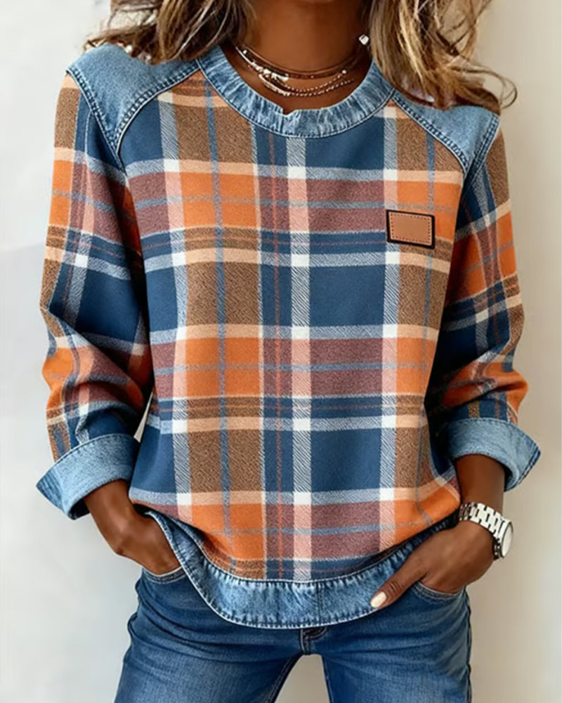 Tacey | Casual Round Neck Denim Patchwork Pullover